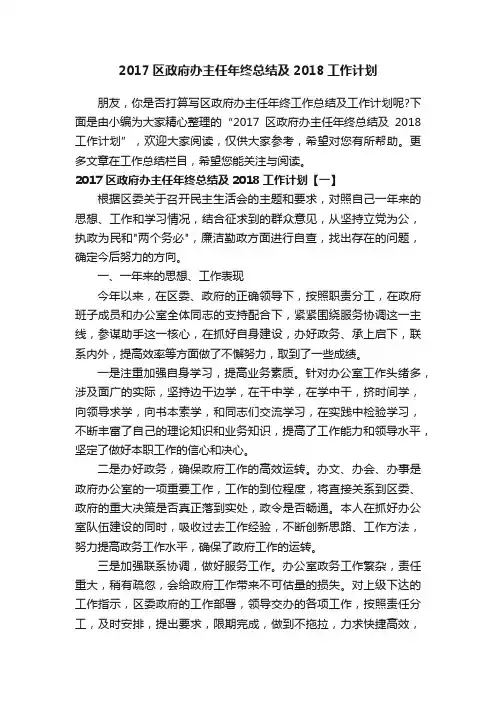2017区政府办主任年终总结及2018工作计划