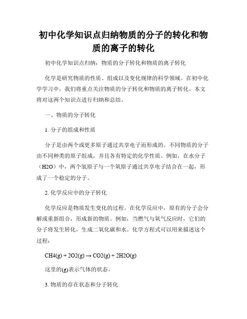 初中化学知识点归纳物质的分子的转化和物质的离子的转化