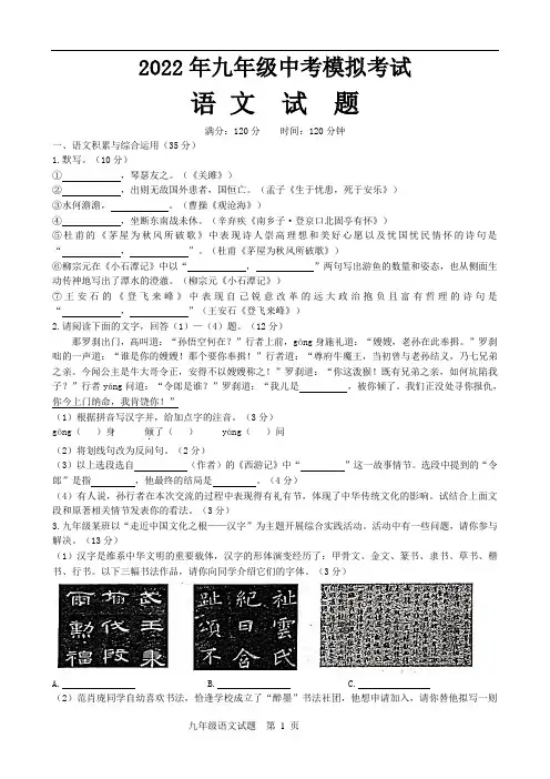 2022年人教版九年级语文中考试题(含答案)