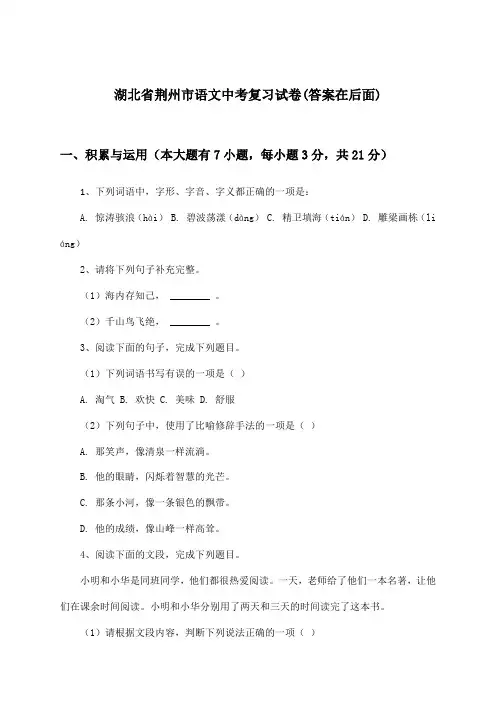 湖北省荆州市语文中考试卷及解答参考