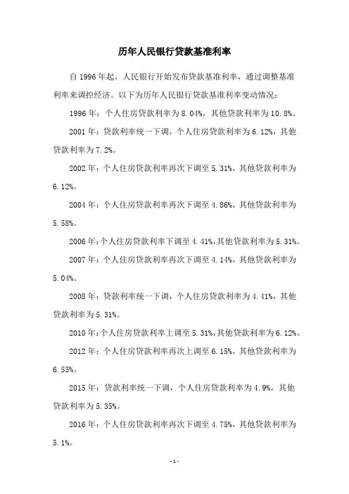 历年人民银行贷款基准利率