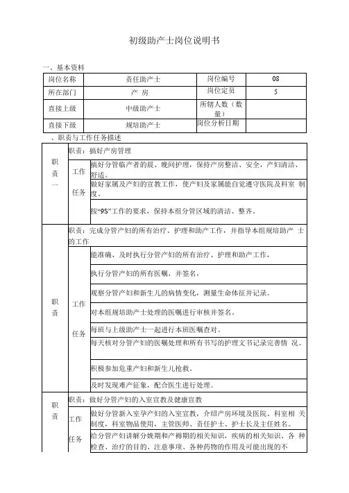 初级助产士岗位说明书