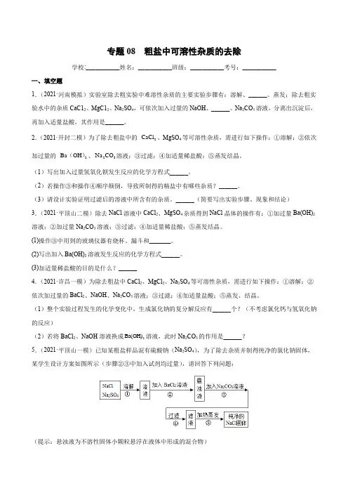 专题08 粗盐中可溶性杂质的去除(专项训练)-2022年中考化学二轮复习讲练测(原卷版)