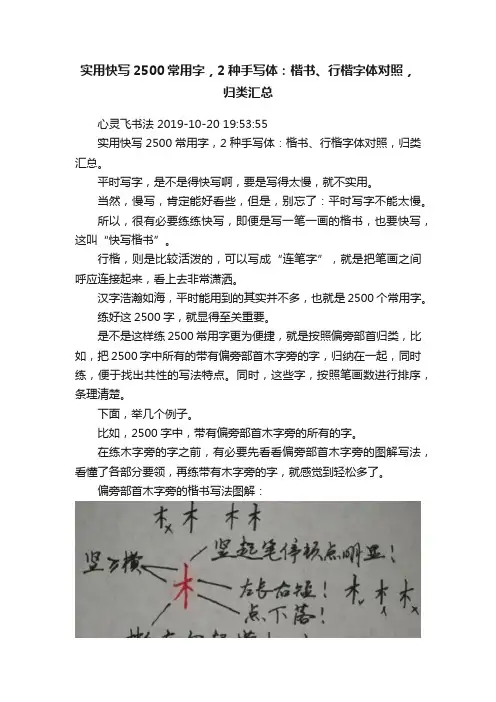 实用快写2500常用字，2种手写体：楷书、行楷字体对照，归类汇总