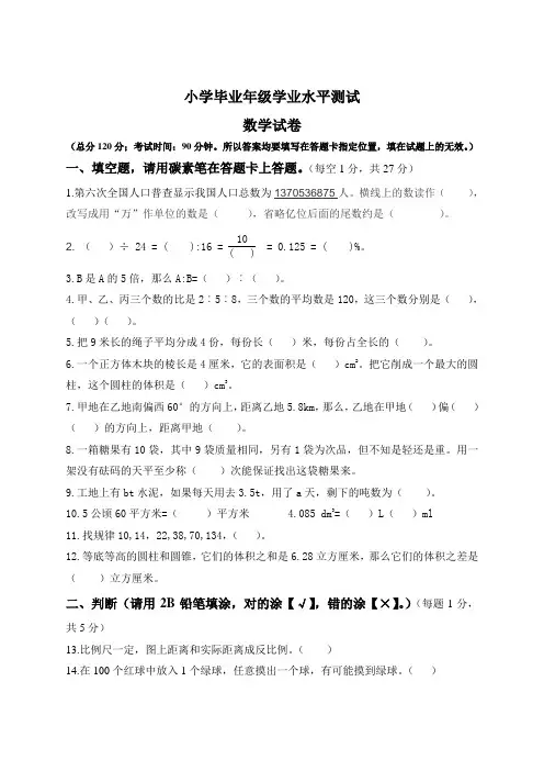 小学毕业年级学业水平测试数学试卷(附参考答案)