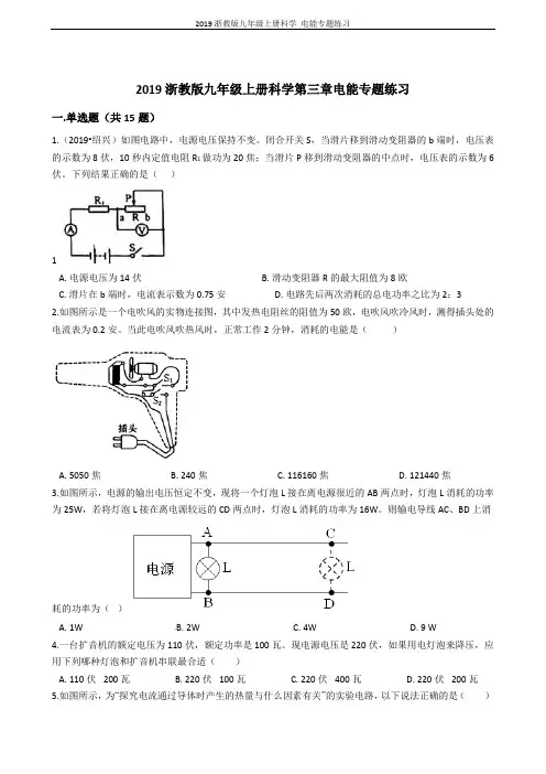 2019浙教版九年级上册科学 电能专题练习