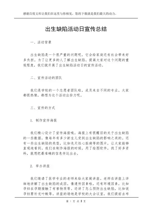 出生缺陷活动日宣传总结