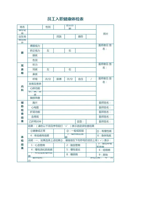 员工入职健康体检表
