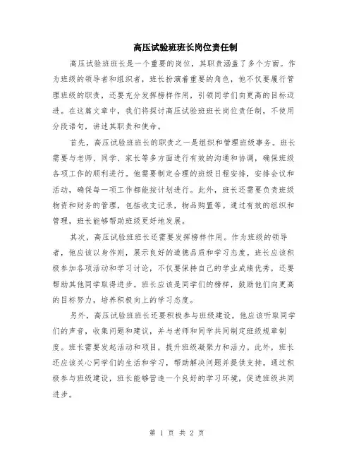 高压试验班班长岗位责任制