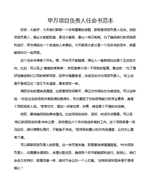 甲方项目负责人任命书范本