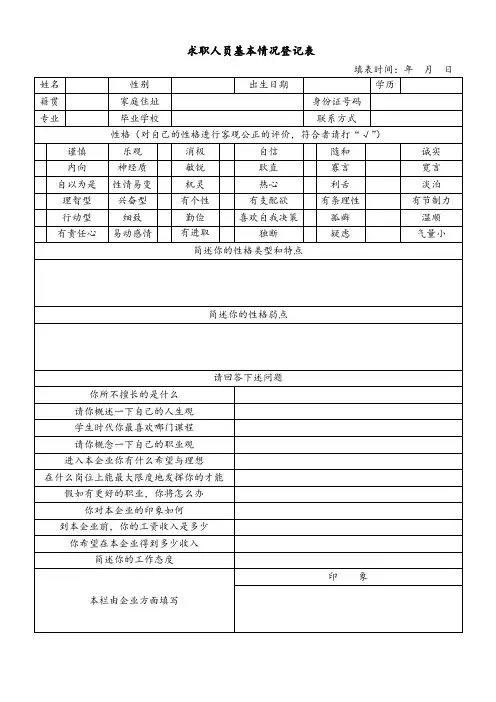 人力资源管理表格之人员招聘-求职人员基本情况登记表
