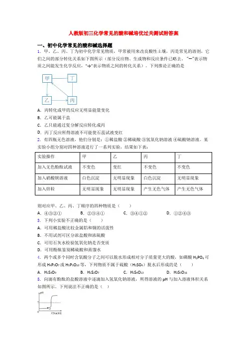 人教版初三化学常见的酸和碱培优过关测试附答案