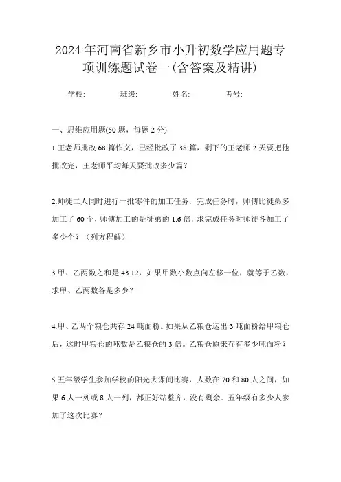 2024年河南省新乡市小升初数学应用题专项训练题试卷一(含答案及精讲)