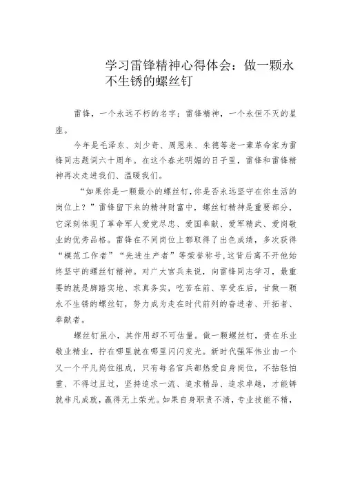 学习雷锋精神心得体会：做一颗永不生锈的螺丝钉