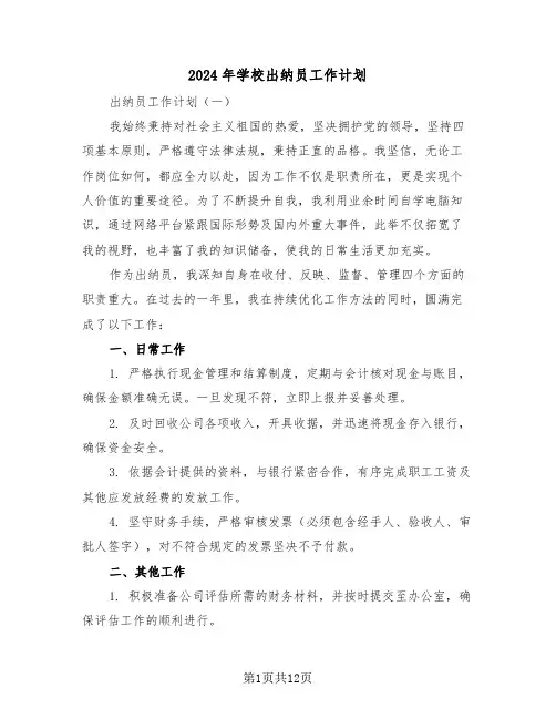 2024年学校出纳员工作计划（7篇）