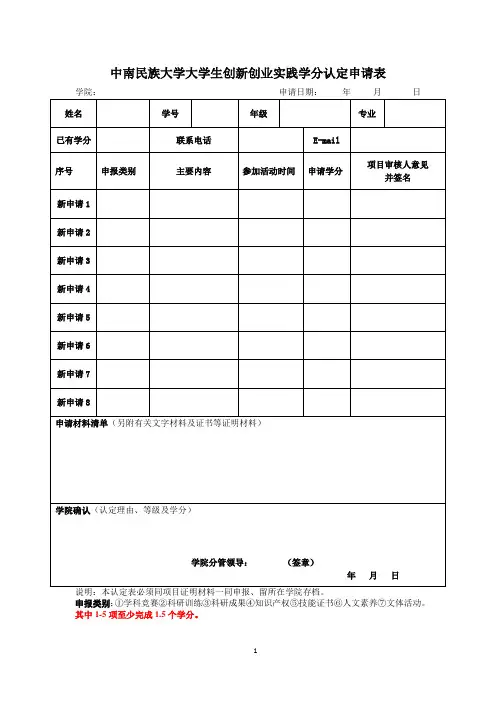 大学生创新创业实践学分认定申请表