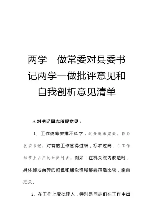 两学一做常委对县委书记两学一做批评意见及自我剖析意见清单