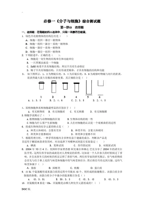 人教版高中生物必修1(分子与细胞)高一生物综合测试题