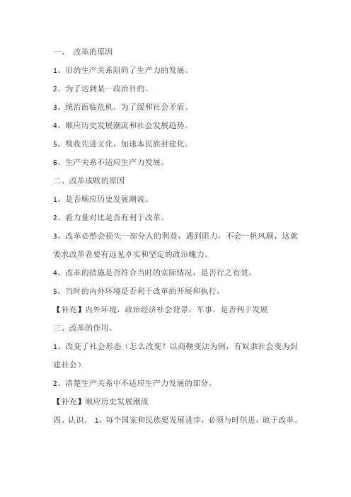 历史上的重大改革回眸答题模版