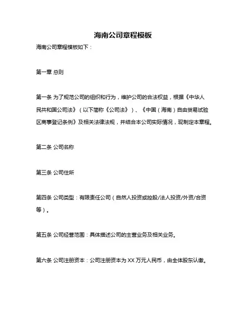 海南公司章程模板