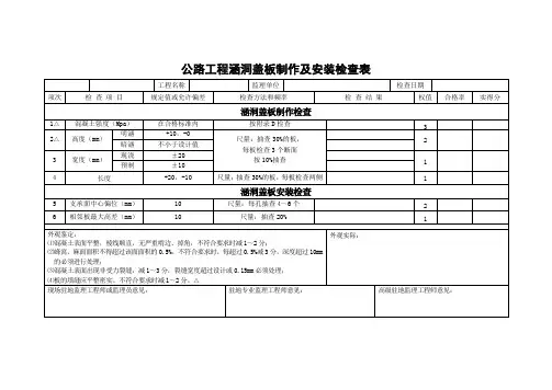 公路工程涵洞盖板制作及安装检查表