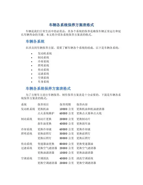 车辆各系统保养方案表格式