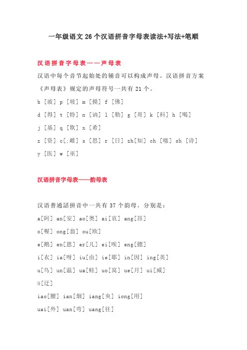 2020小学一年级语文26个汉语拼音字母表读法+写法+笔顺