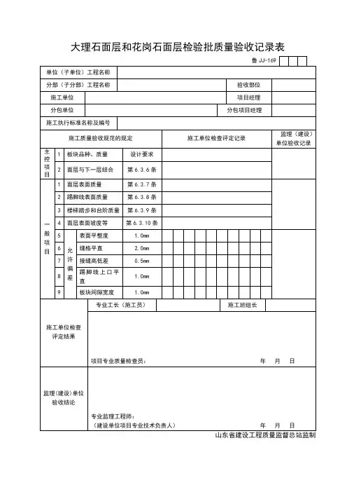 JJ169大理石和花岗岩面层检验批质量验收记录表