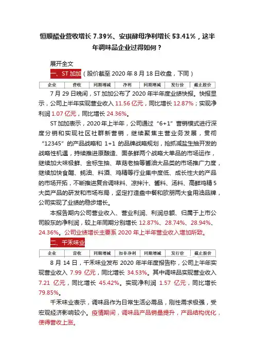 恒顺醋业营收增长7.39%、安琪酵母净利增长53.41%，这半年调味品企业过得如何？