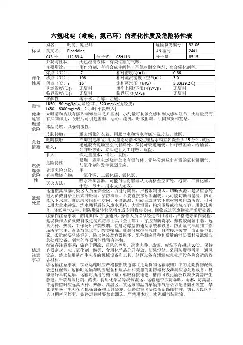 六氢吡啶(吡啶;氮己环)的理化性质及危险特性表