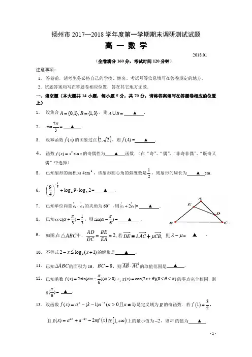 江苏省扬州市2018-2019学年高一上学期期末考试 数学 Word版含答案