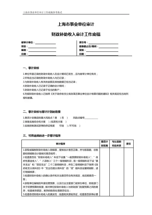 上海市事业单位审计财政补助收入审计工作底稿
