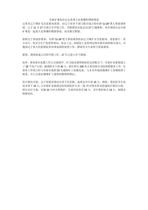 阜新矿难初步认定系重大瓦斯爆炸燃烧事故