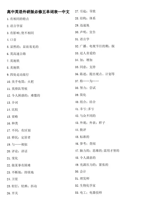 高中英语外研版必修五单词表中文