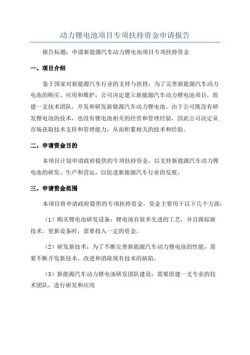 动力锂电池项目专项扶持资金申请报告