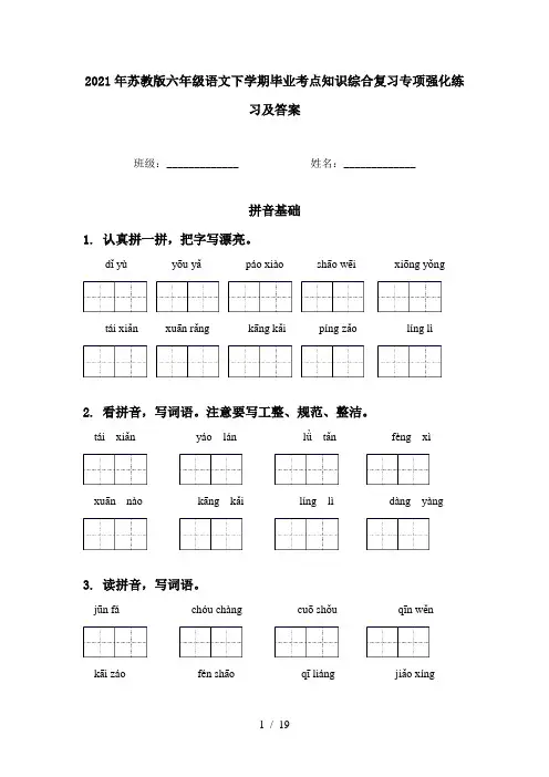 2021年苏教版六年级语文下学期毕业考点知识综合复习专项强化练习及答案