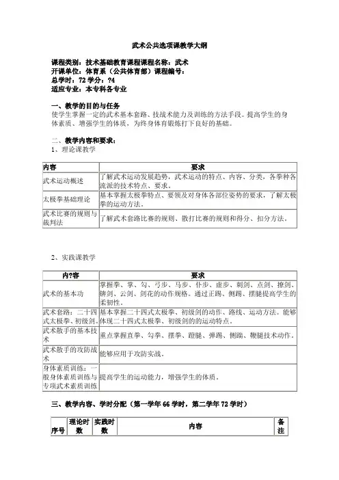 武术公共选项课教学大纲