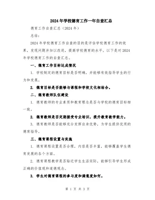 2024年学校德育工作一年自查汇总