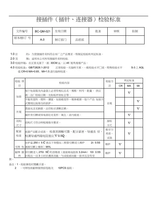 接插件(插针、连接器)检验标准