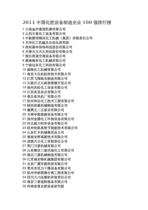 2011中国化肥设备制造企业100强排行榜