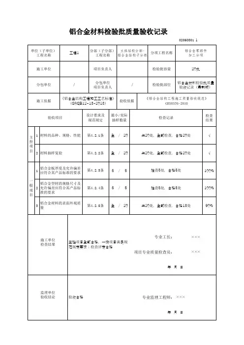 铝合金材料检验批质量验收记录(最新版)