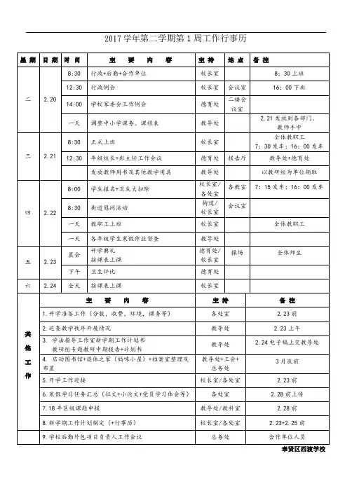 2017学年第二学期第1周工作行事历