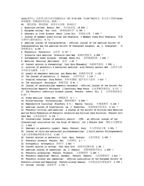 全世界儿科专业可投SCI杂志汇总