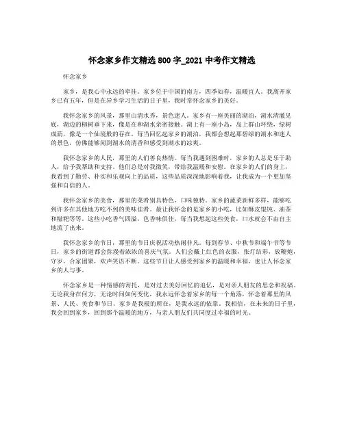 怀念家乡作文精选800字_2021中考作文精选
