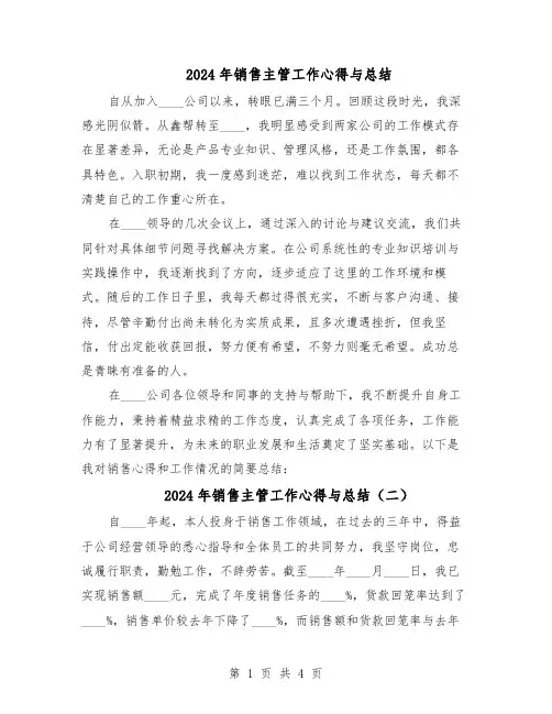 2024年销售主管工作心得与总结（3篇）