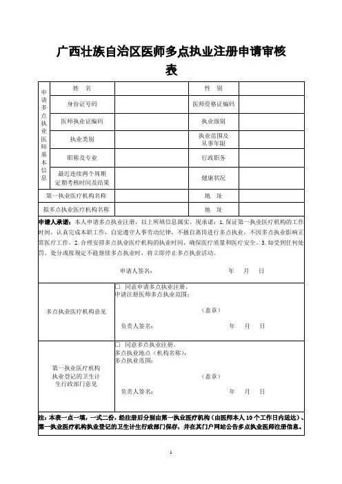 广西壮族自治区医师多点执业注册申请审核表