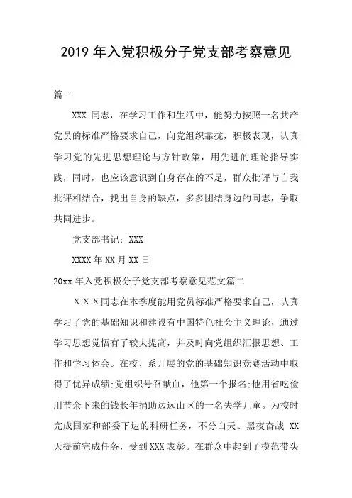 2019年入党积极分子党支部考察意见