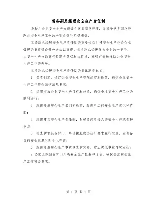 常务副总经理安全生产责任制(3篇)