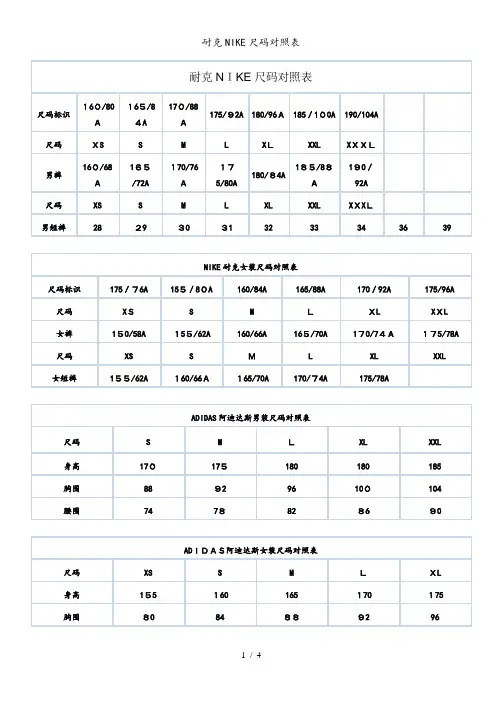 耐克NIKE尺码对照表