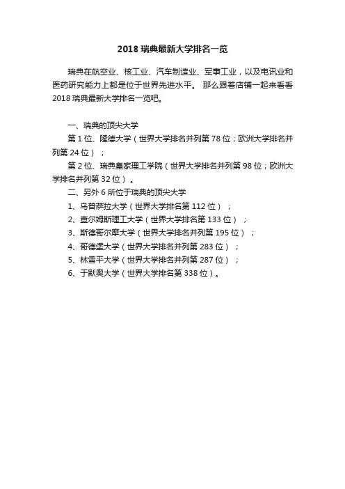 2018瑞典最新大学排名一览